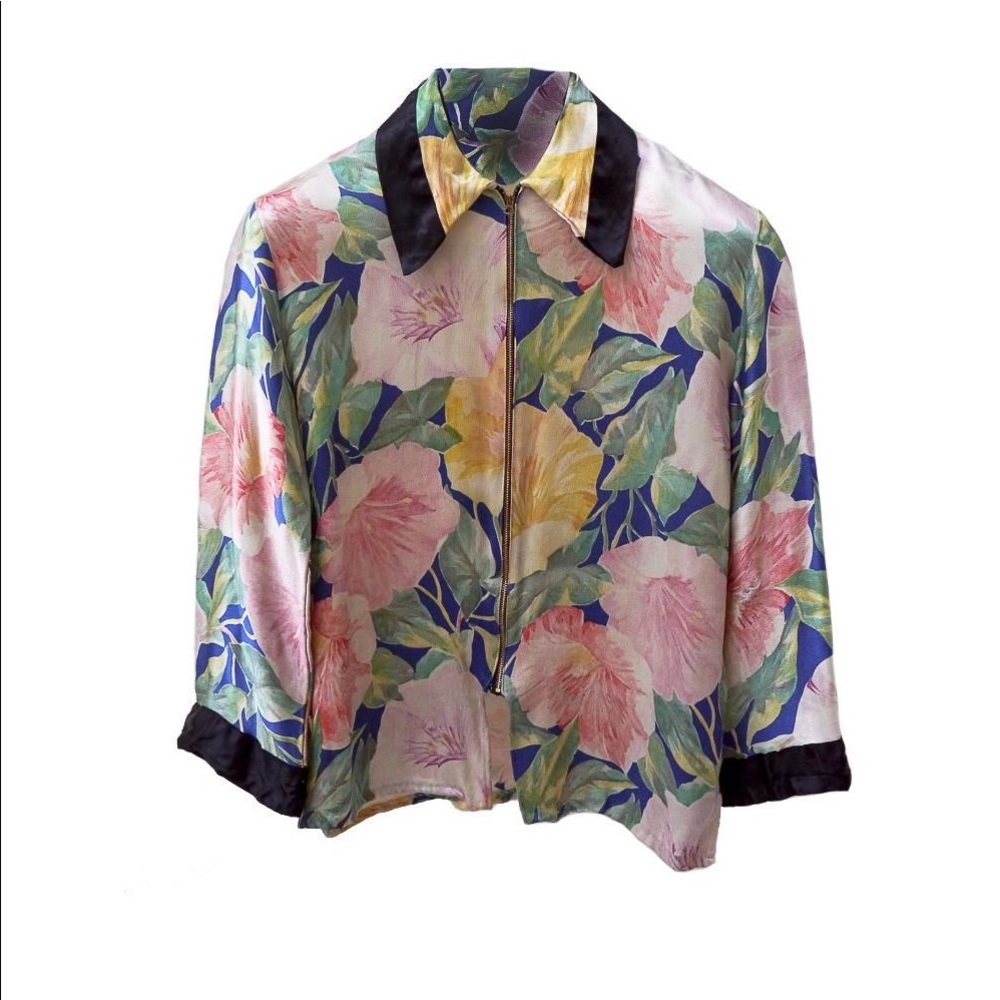 80s VINTAGE Kimono-Style Floral Zip Jacket